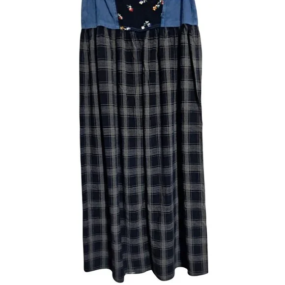 Vintage Carole Little Sport 6 Petite Denim Plaid Maxi Dress Modest Jumper Floral - Picture 7 of 10